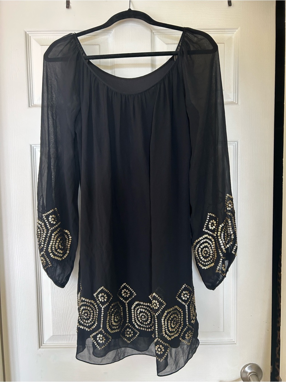 Black Sheer Long-Sleeve Dress with Gold Embellishment